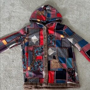 Patchwork Hooded Coat in Red, Blue, Teal, Burgundy